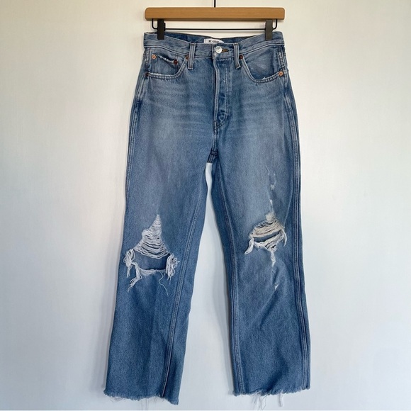 Re/Done Loose Straight Leg Destroyed Medium Blue Jean Distressed Denim Size 27 - Picture 2 of 12